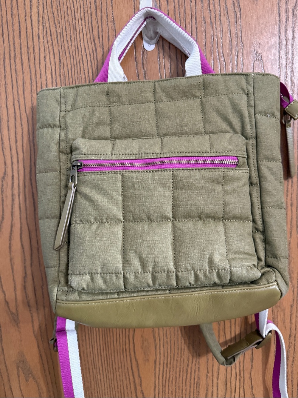 Olive Quilted Tote Bag with Pink Accent Strap